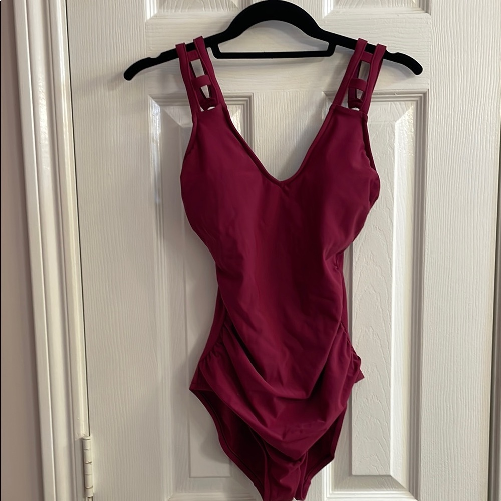 Aqua Green burgundy One Piece Swimsuit Classic V-Neck